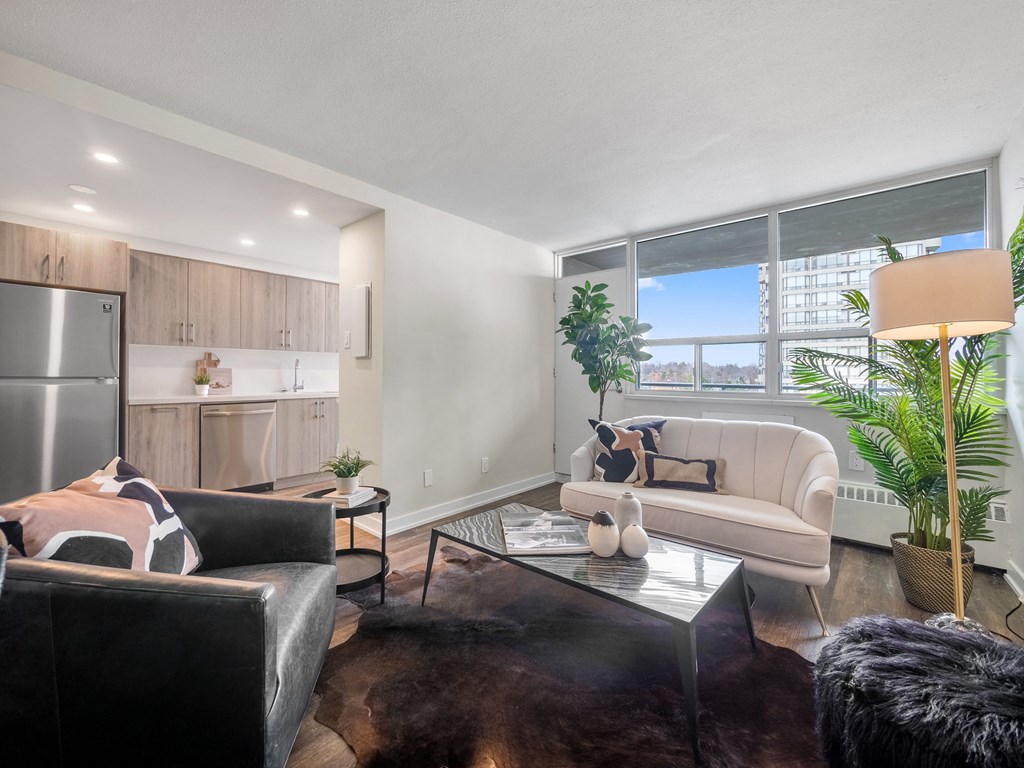 a living room with two couches and a coffee table