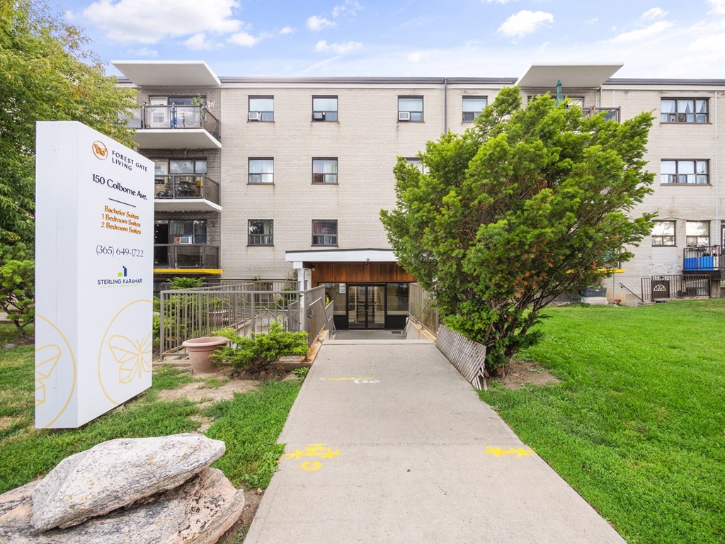 a large building with a sign in front of it