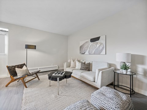 A living room with a white couch, a wooden chair, a black and white patterned ottoman, and a small table with a plant on it.