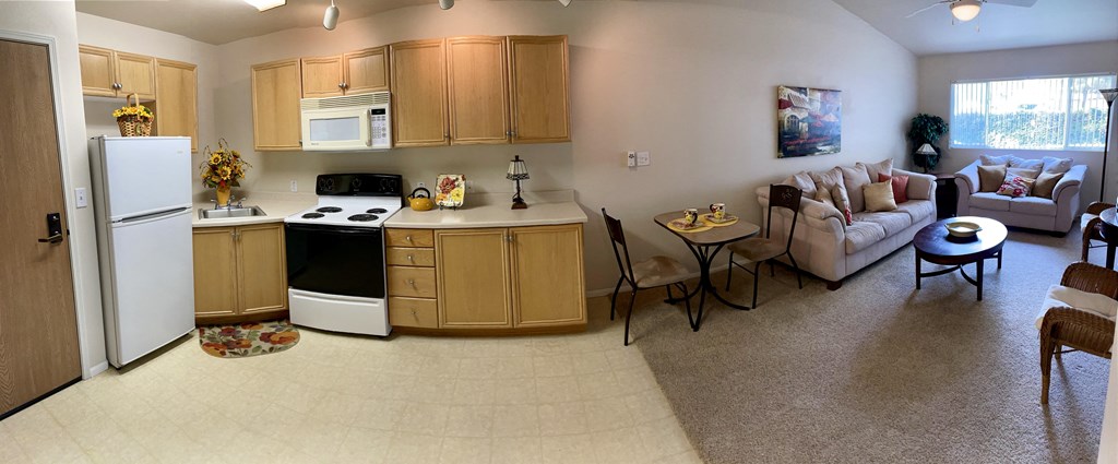 a kitchen and living room with a stove refrigerator and a sink