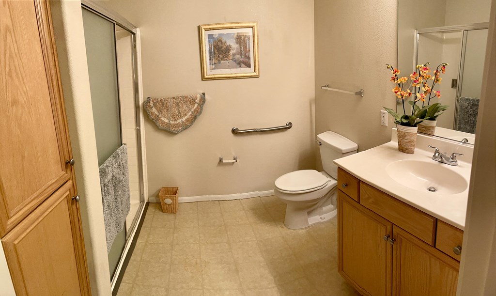 a bathroom with a toilet and a sink and a shower