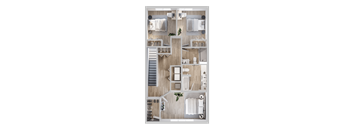 A detailed 3D floor plan of a modern bathroom at The Village at Hawk View, Reno.