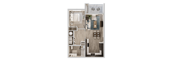 A top-down view of a small apartment layout with a kitchen, living room, and bathroom at The Village at Hawk View, Nevada.