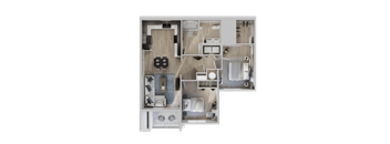 A top-down view of a modern apartment layout with a kitchen, living room, and bathroom at The Village at Hawk View, Reno, Nevada, 89512.