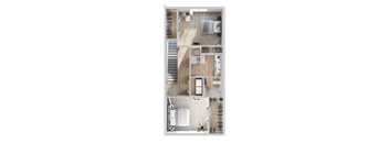 A top-down view of a modern apartment layout with a kitchen, living room, and bedrooms at The Village at Hawk View, Reno, NV .