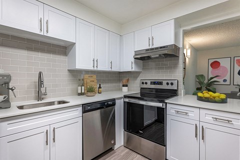 A modern kitchen with white cabinets and stainless steel appliances.