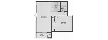 A floor plan of a house with a living area, bedroom, patio, and storage space.