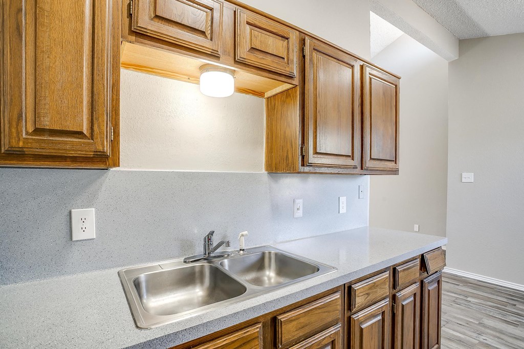 a kitchen with a sink and wooden cabinets