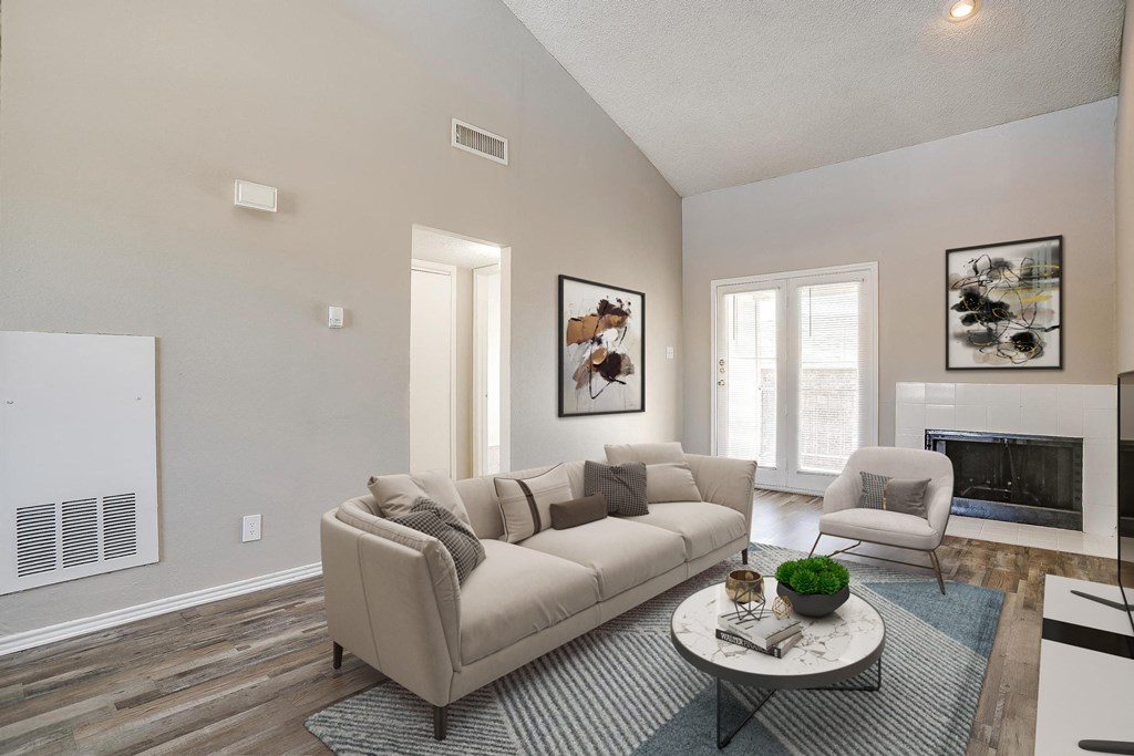 a living room with a couch and a coffee table