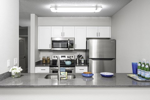 a kitchen with stainless steel appliances and a granite counter top