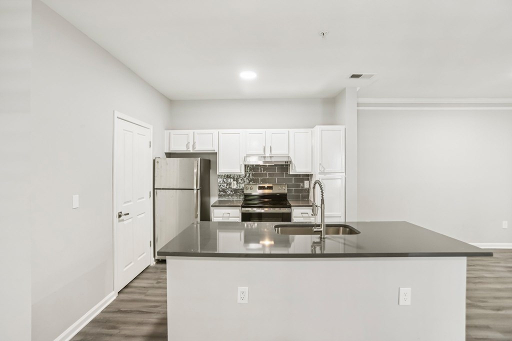 A kitchen with a black countertop and stainless steel appliances.
