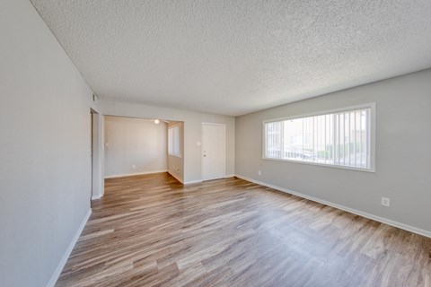 the spacious living room with wood flooring and a large window