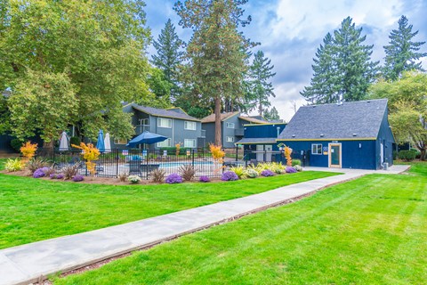 a sidewalk leading to a blue house with a pool in the front and trees in the background