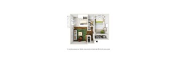 A 3D rendered image of a modern apartment layout.