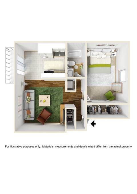 A 3D rendered image of a modern apartment layout.