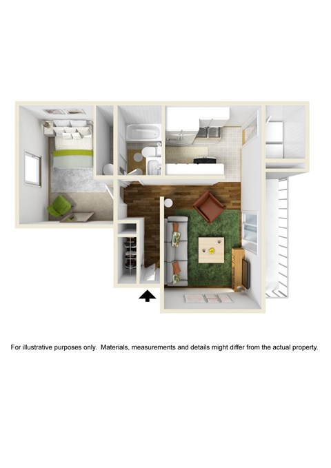 A cutaway view of a room showing a bed, a desk, a chair, and a staircase.