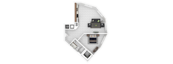 A top-down view of a house layout with a kitchen, living room, and two bedrooms.