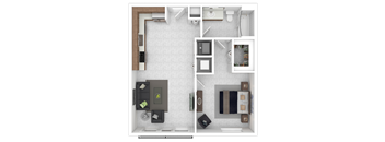 A floor plan of a small apartment with a kitchen, living room, and bathroom.