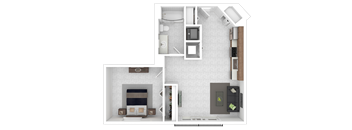 A top down view of a small apartment with a kitchen, living room, and bathroom.