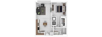 A floor plan of a house with a kitchen, living room, and bathroom.