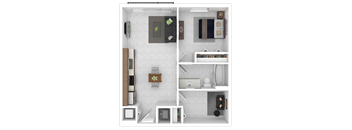 A 3D floor plan of a small apartment with a kitchen, living room, and bathroom.