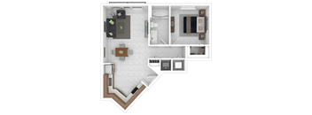A floor plan of a house with a kitchen, living room, and bathroom.