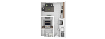 A 3D rendered image of a small apartment layout.