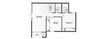 A black and white image of a house floor plan with a living area, two bathrooms, two bedrooms, a patio, and a second floor balcony.