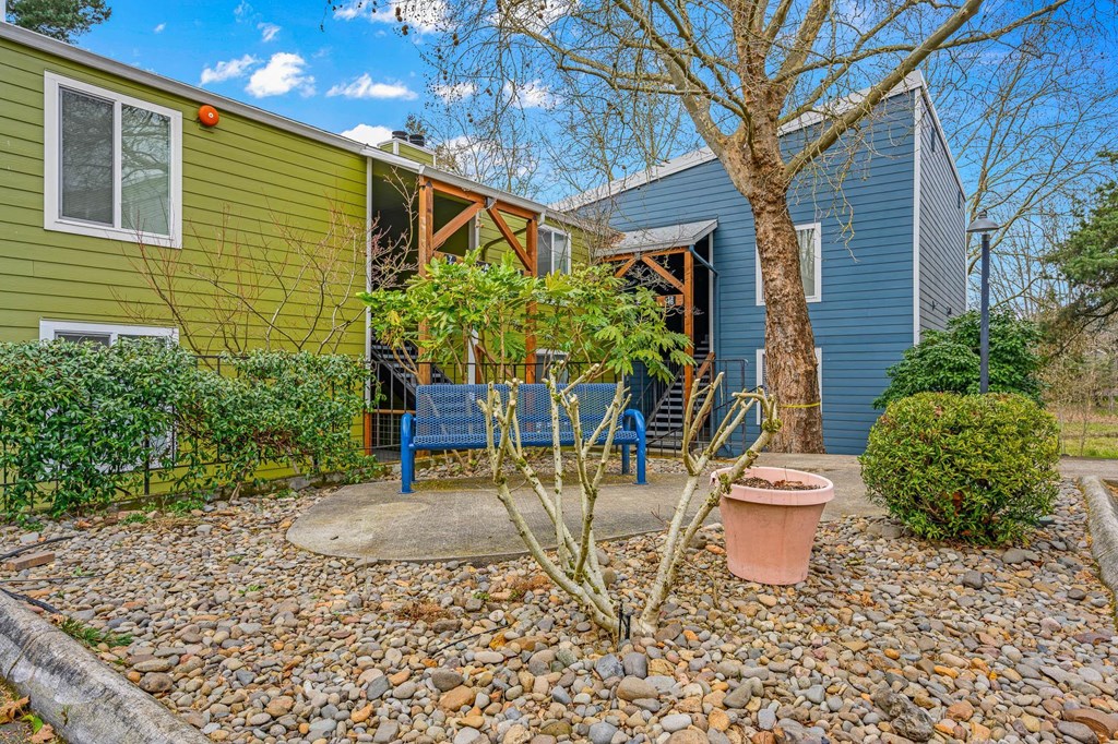 a backyard with a blue bench and a tree