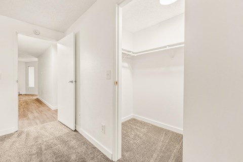a bedroom with white walls and a carpeted floor