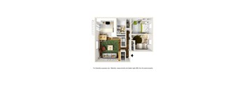 A 3D floor plan of a house with a living room, kitchen, and bedrooms.