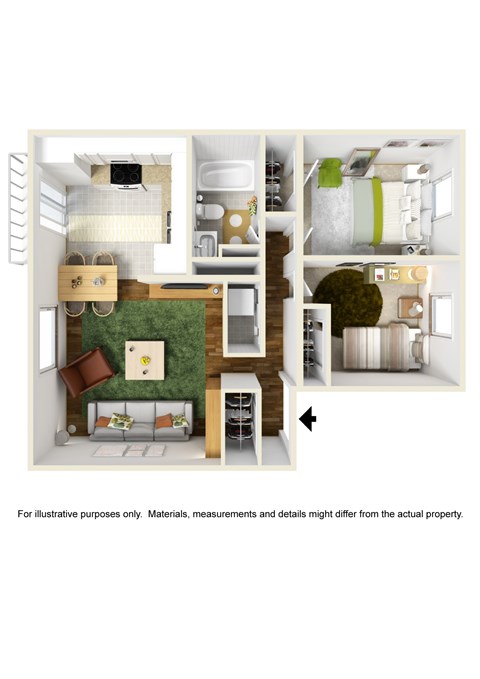 A 3D floor plan of a house with a living room, kitchen, and bedrooms.