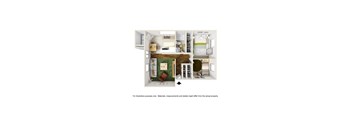 A 3D rendered image of a small apartment layout.