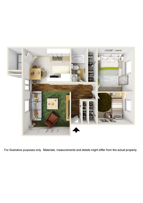 A 3D rendered image of a small apartment layout.