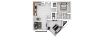 A 3D floor plan of a small apartment with a kitchen, living room, and bedroom.