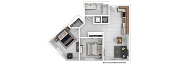 A top-down view of a small apartment layout with a kitchen, living room, and bathroom.
