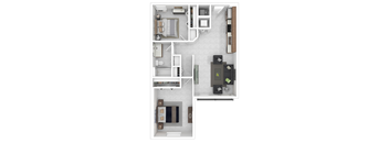 A floor plan of a house with a kitchen, living room, and two bedrooms.