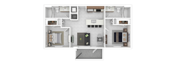 A top-down view of a small apartment layout with a kitchen, living room, and bedroom.