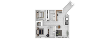 A 3D floor plan of a house showing a kitchen, living room, and bathroom.