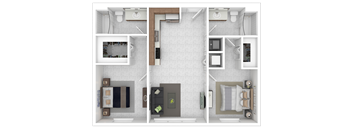 A top down view of a small apartment with a kitchen, living room, and bathroom.