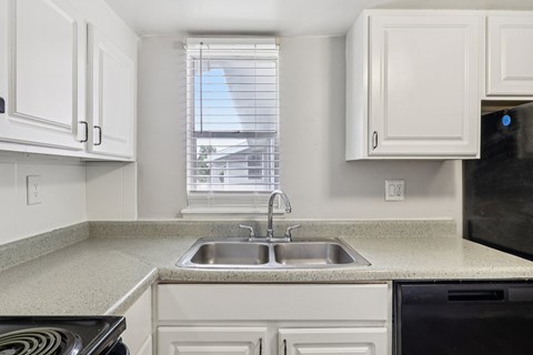 A kitchen with white cabinets and a black dishwasher.
