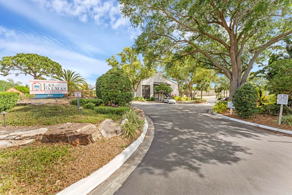 a street in front of a house with trees and a sign