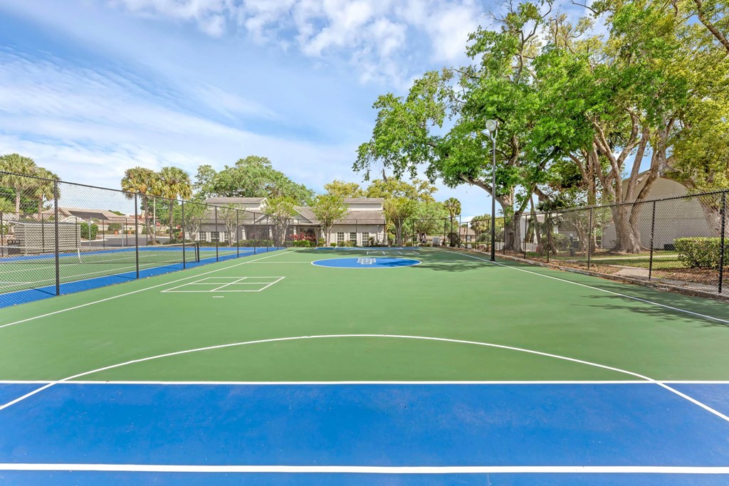 a basketball court with trees and buildings in the background