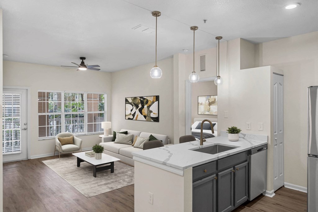 an open living room with a kitchen and a living room