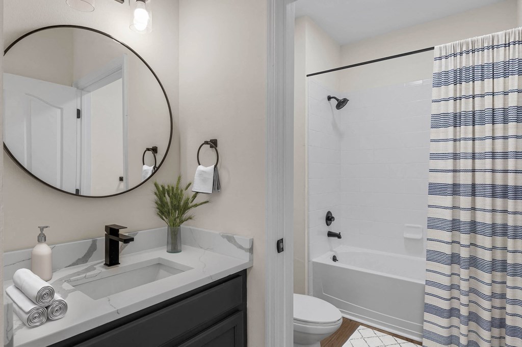 a bathroom with a shower and a sink and a mirror