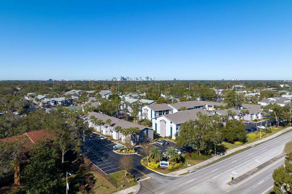 an aerial view of a neighborhood of houses and trees