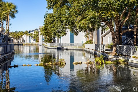 a body of water surrounded by houses and trees