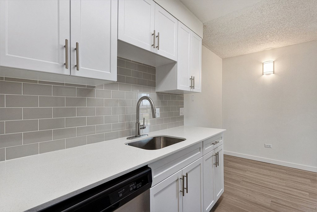 A kitchen with white cabinets and a black dishwasher.