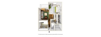 A cutaway diagram of a small apartment with a kitchen, living room, and bathroom.