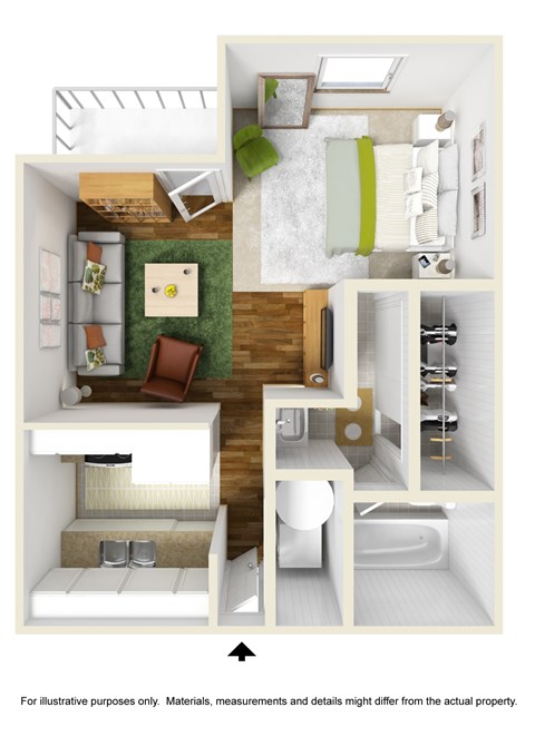 A cutaway diagram of a small apartment with a kitchen, living room, and bathroom.